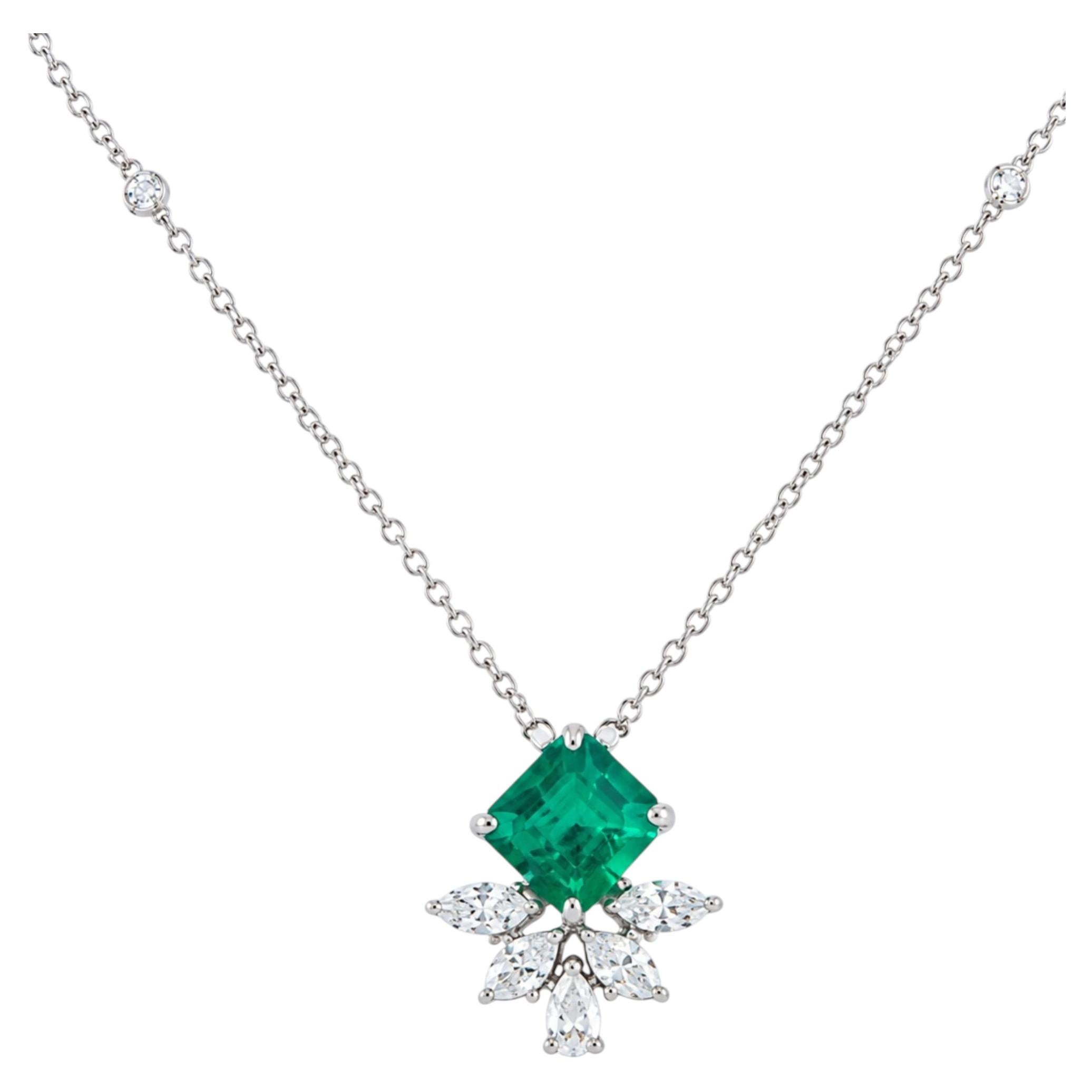 1.46ct Zambian Emerald & 0.50ctw Diamond Floral Station Necklace, 14k Gold For Sale