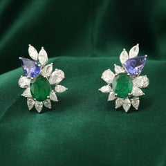 Floral Emerald Tanzanite Natural Diamond Earrings in 18K White Gold, 4.42 Ct.