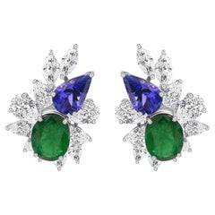 Floral Emerald Tanzanite Natural Diamond Earrings in 18K White Gold, 4.42 Ct.