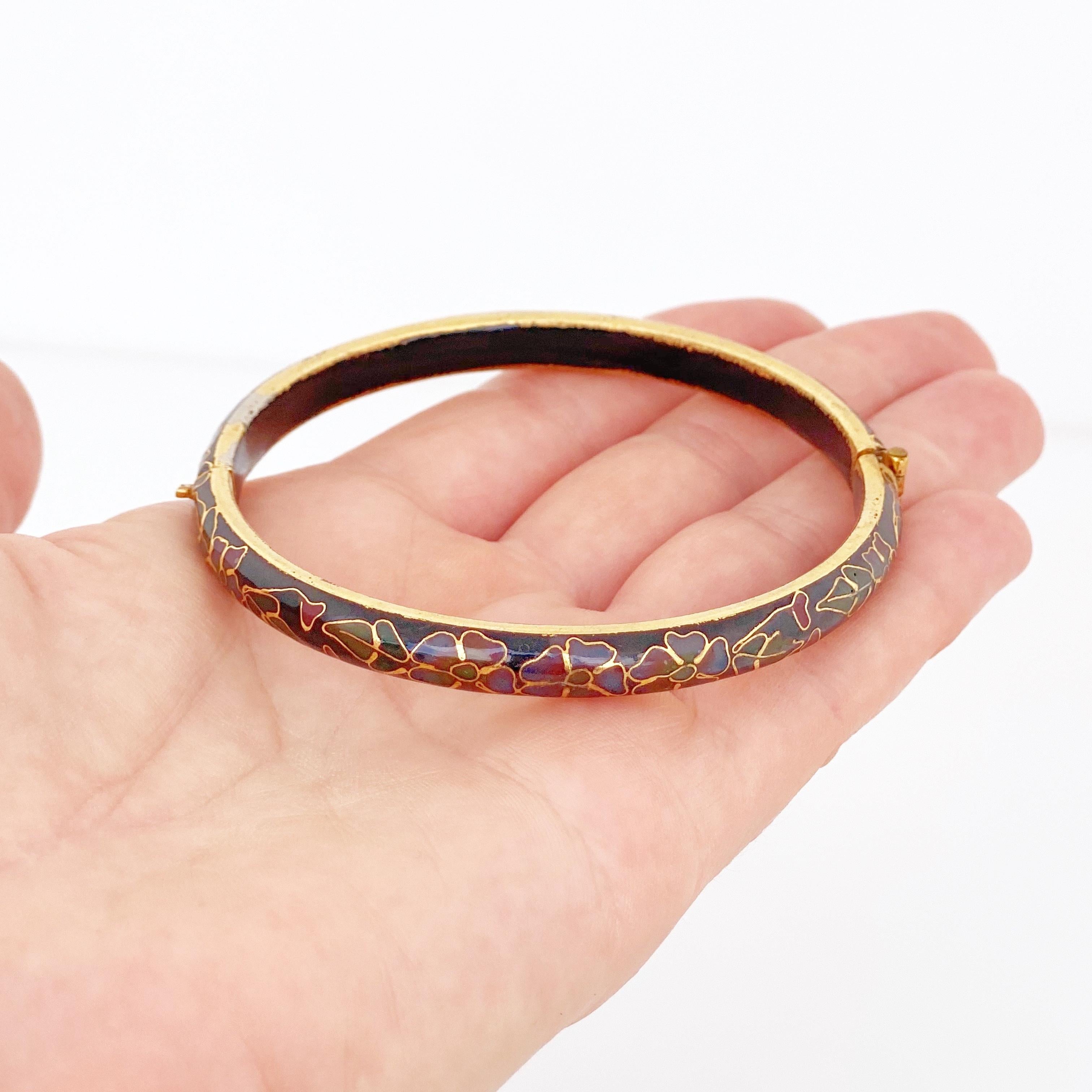 Floral Enamel Cloisonne Hinged Bangle, 1950s In Good Condition In McKinney, TX