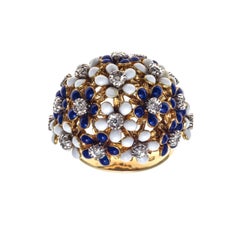 Vintage 18K Gold Dome Shaped Cocktail Ring Blue White Enamel Flowers Diamond