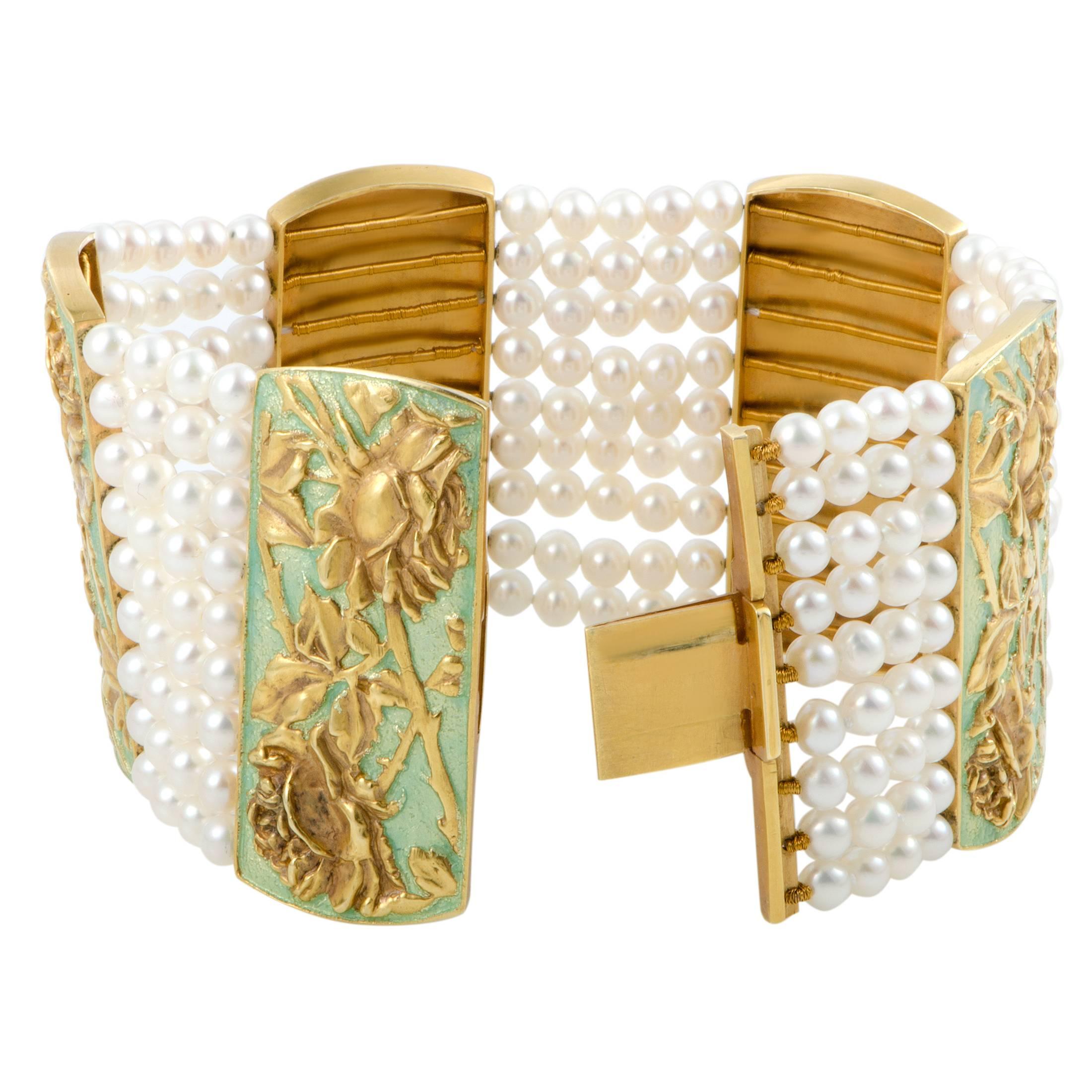 Round Cut Floral Enameled White Pearl Gold Bracelet