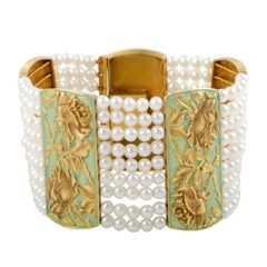 Floral Enameled White Pearl Gold Bracelet