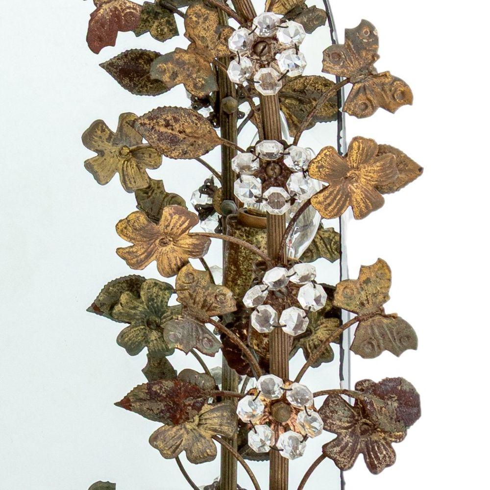 Floral and Butterfly Encrusted Gilt Metal Vanity Mirror, with four light bulb fittings and arched top. 27
