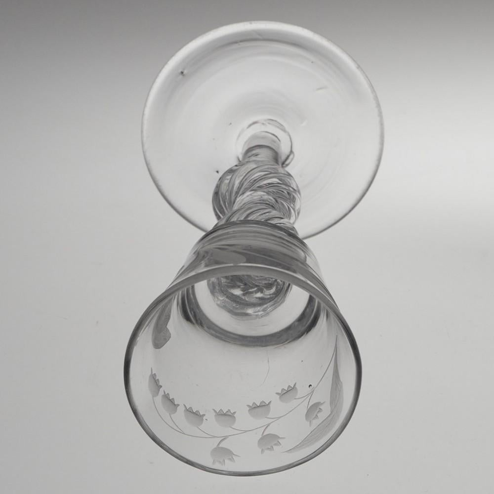 Mid-18th Century Air Twist Wine Glass with Engraved Bucket Bowl c1750 For Sale