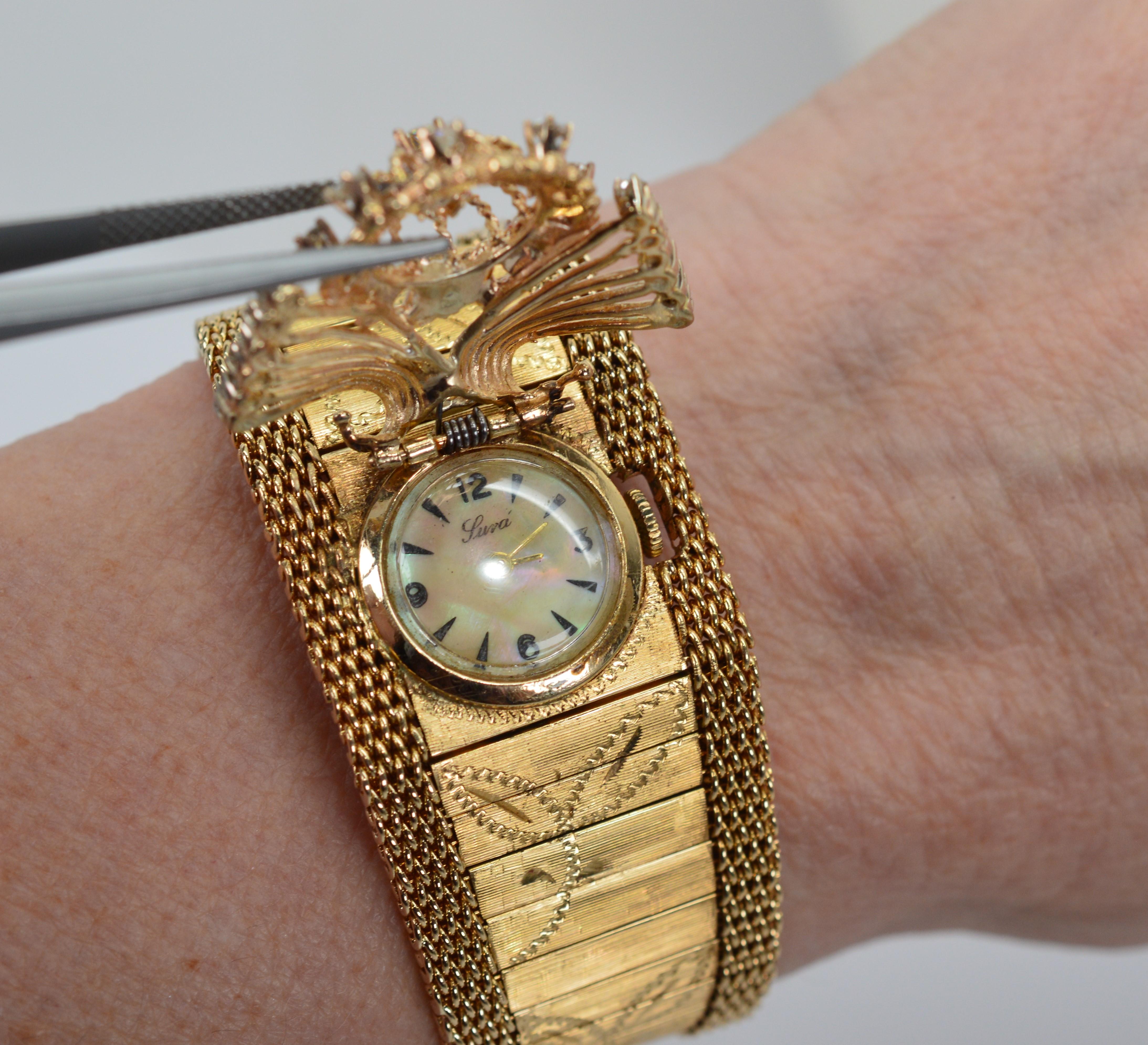 Vintage 14K Yellow Gold Floral Bracelet Hidden Wrist Watch w Diamond Charm For Sale 2