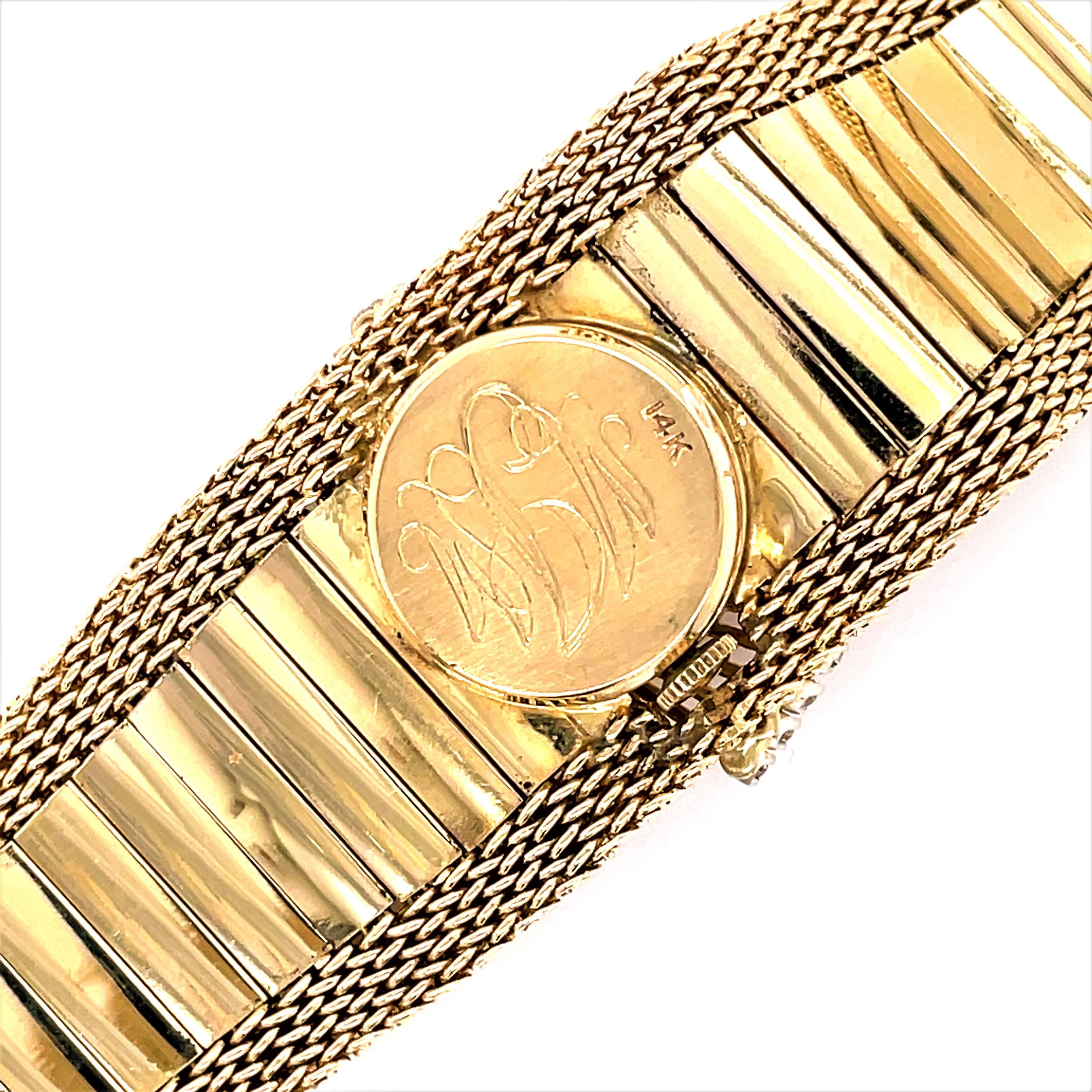 Vintage 14K Yellow Gold Floral Bracelet Hidden Wrist Watch w Diamond Charm For Sale 4