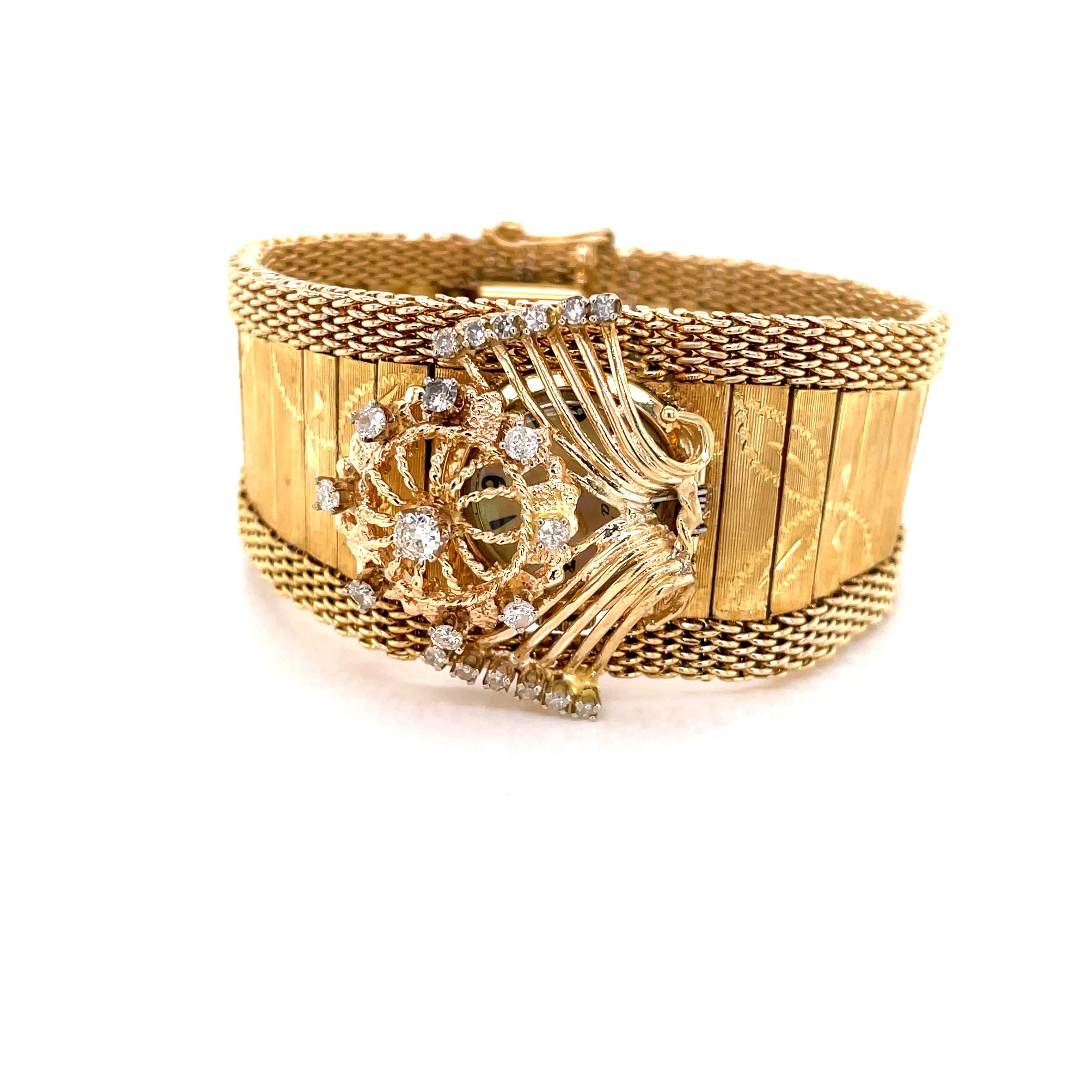 Vintage 14K Yellow Gold Floral Bracelet Hidden Wrist Watch w Diamond Charm For Sale 5