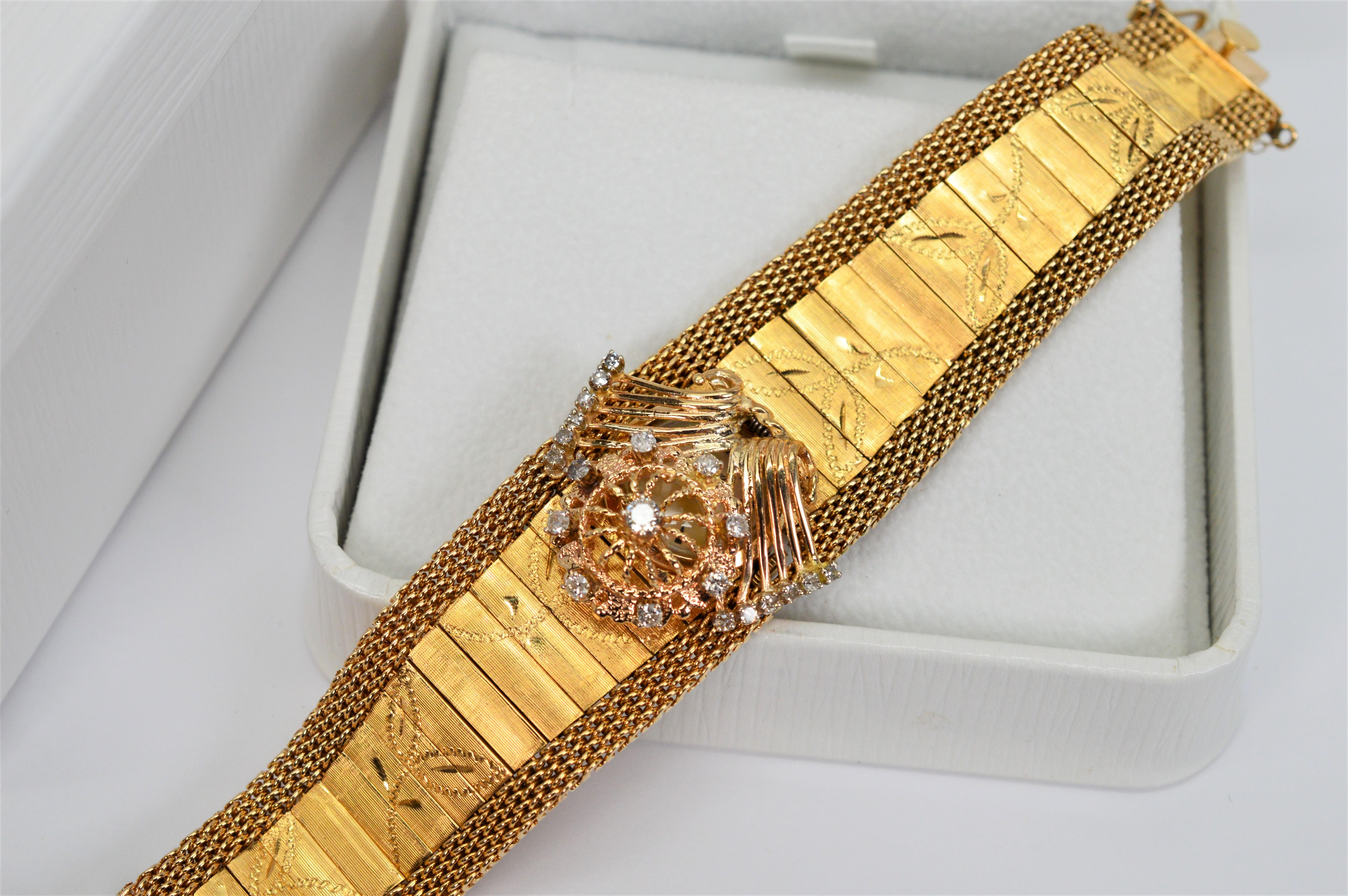 Vintage 14K Yellow Gold Floral Bracelet Hidden Wrist Watch w Diamond Charm For Sale 6