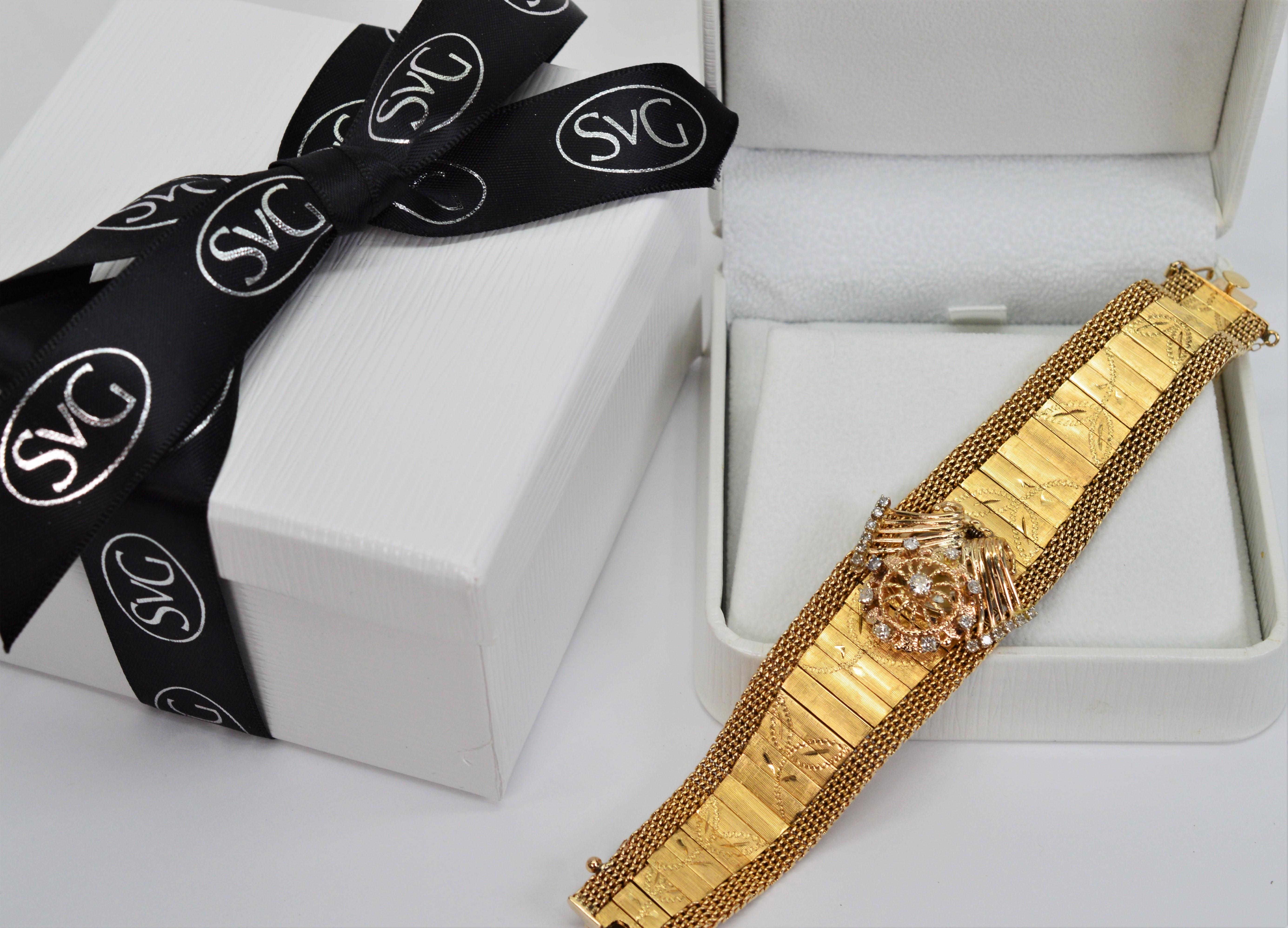 Vintage 14K Yellow Gold Floral Bracelet Hidden Wrist Watch w Diamond Charm For Sale 7