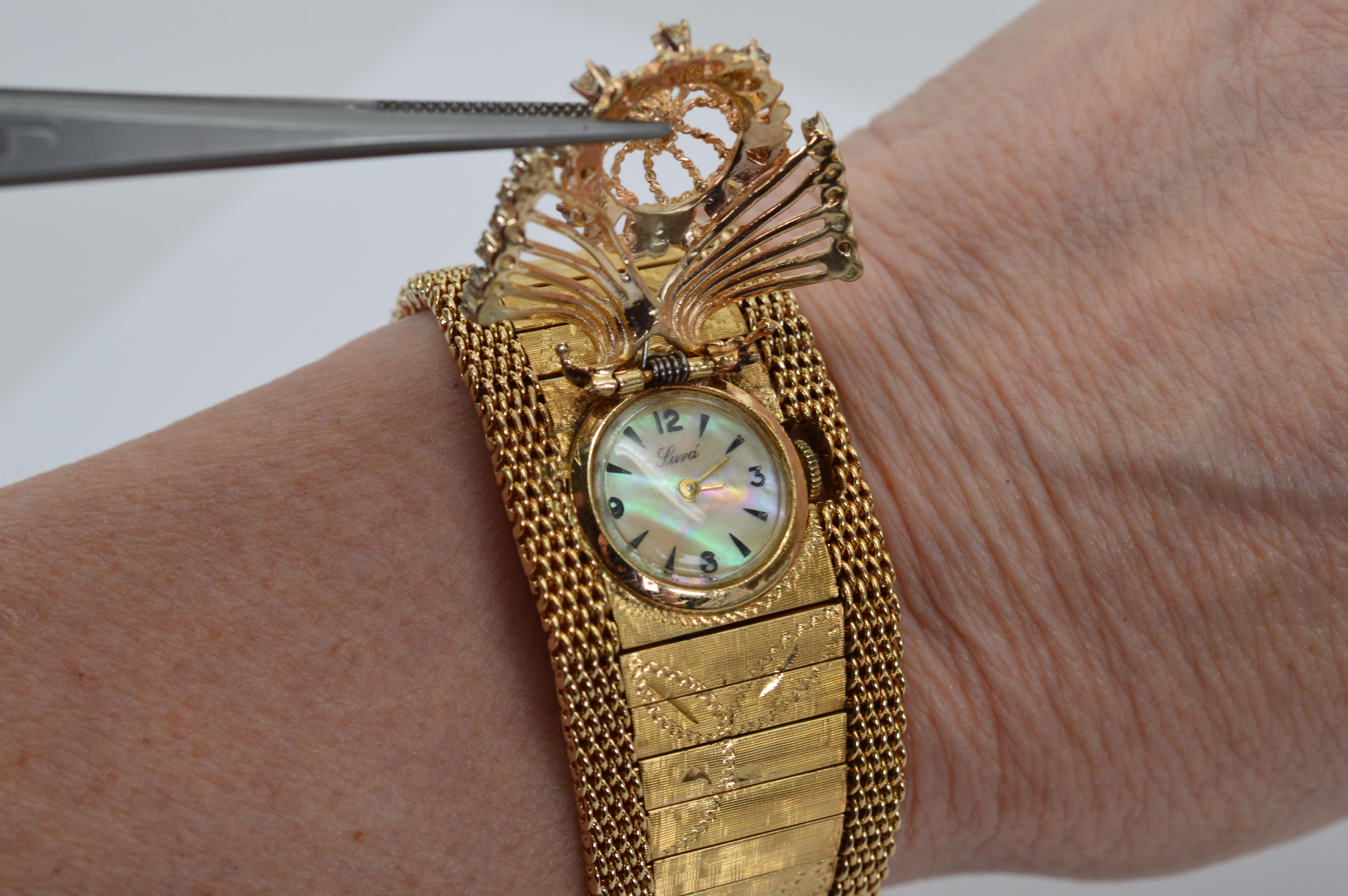Women's Vintage 14K Yellow Gold Floral Bracelet Hidden Wrist Watch w Diamond Charm For Sale