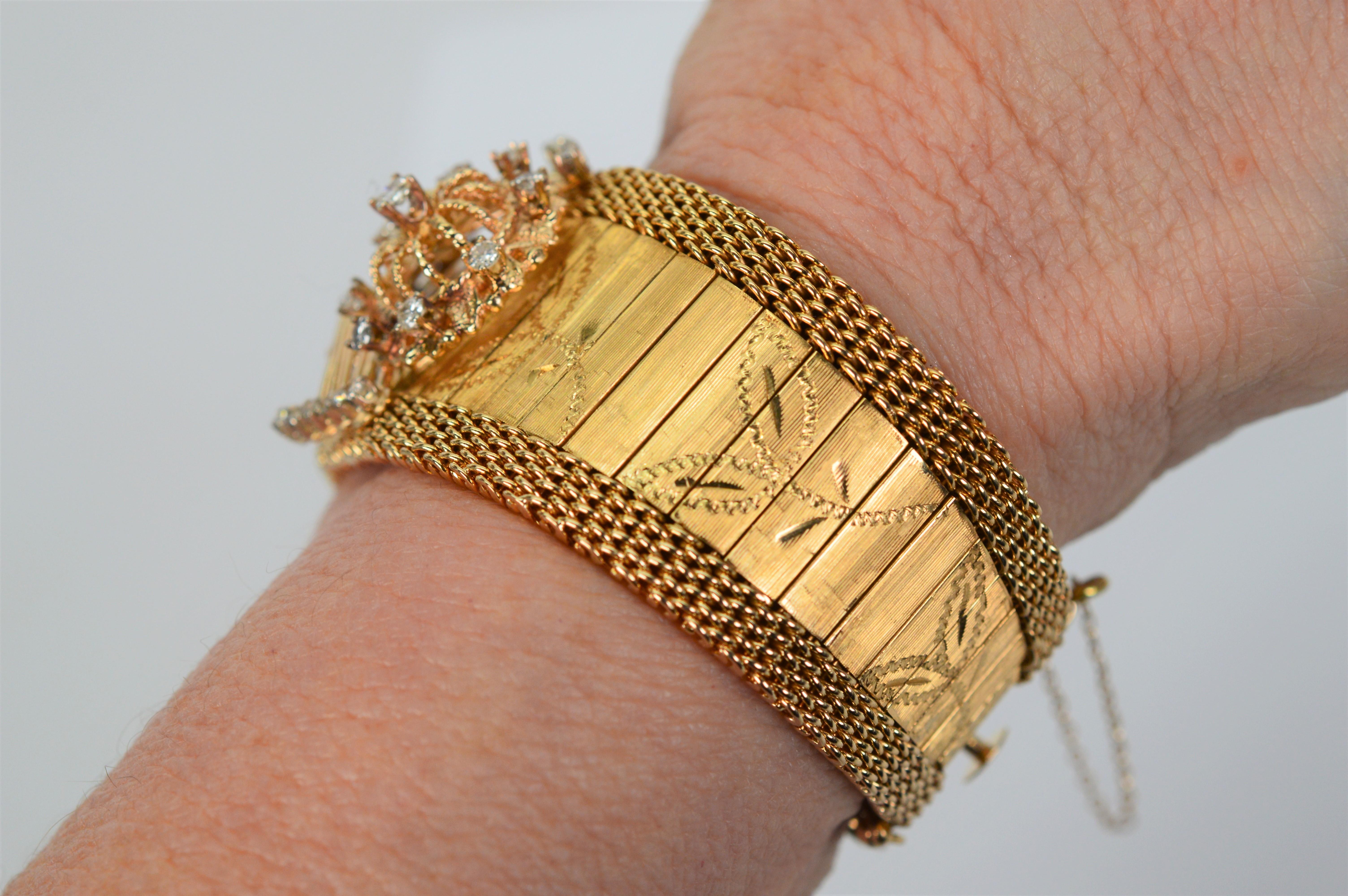 Vintage 14K Yellow Gold Floral Bracelet Hidden Wrist Watch w Diamond Charm For Sale 1