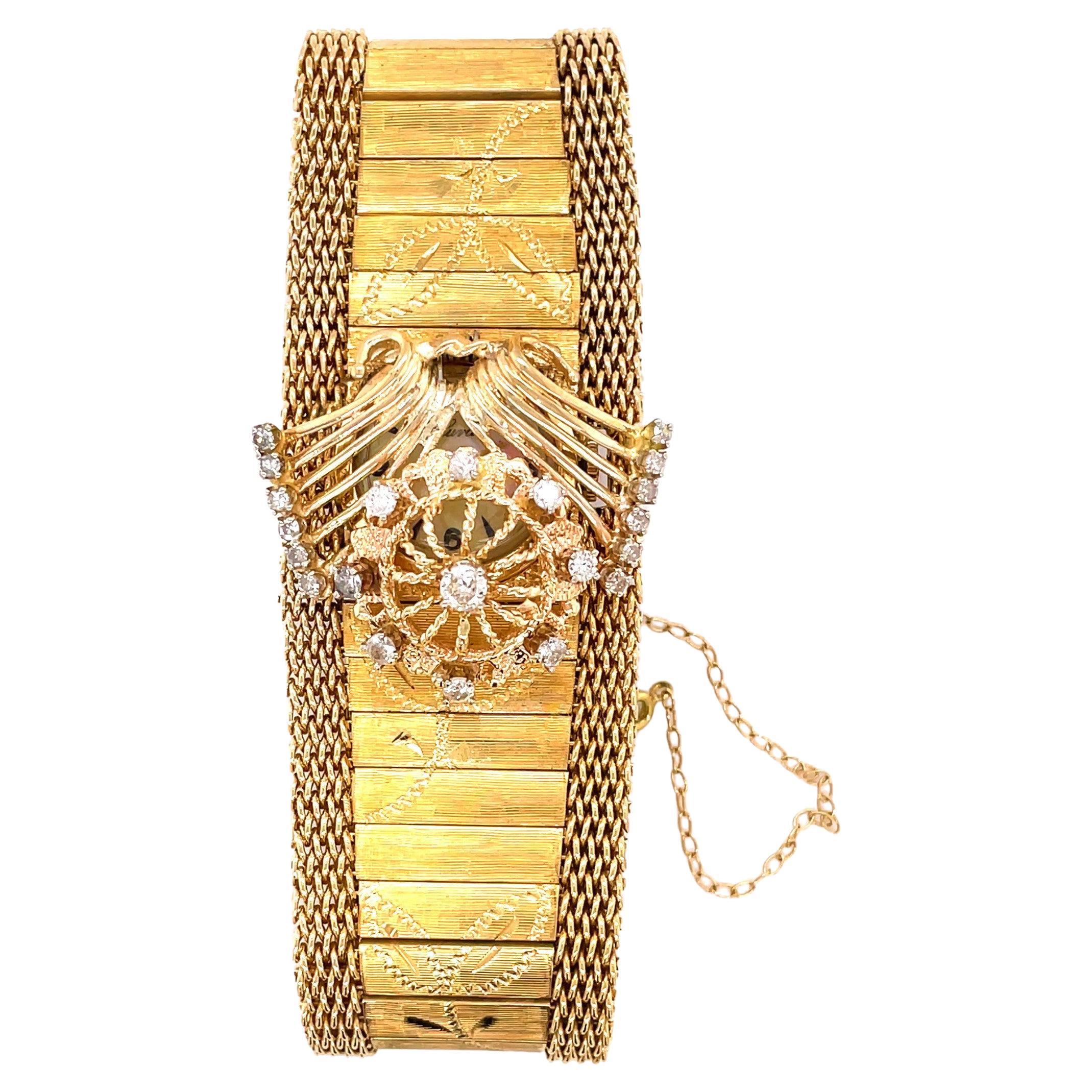 Vintage 14K Yellow Gold Floral Bracelet Hidden Wrist Watch w Diamond Charm For Sale