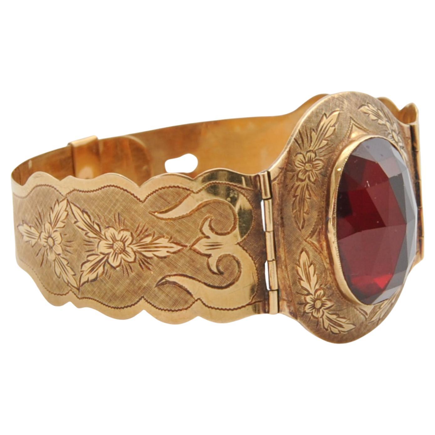 Floral Engraved Gold and Garnet Antique Bracelet For Sale