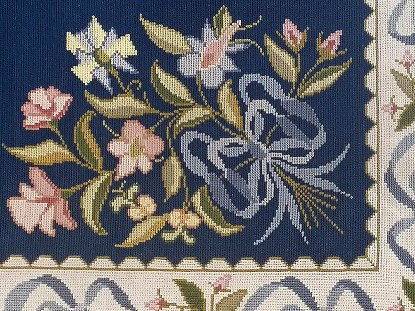 Mid-Century Modern Floral European Portuguese Needlepoint Embroidered Arraiolos Rug in Blue & Cream