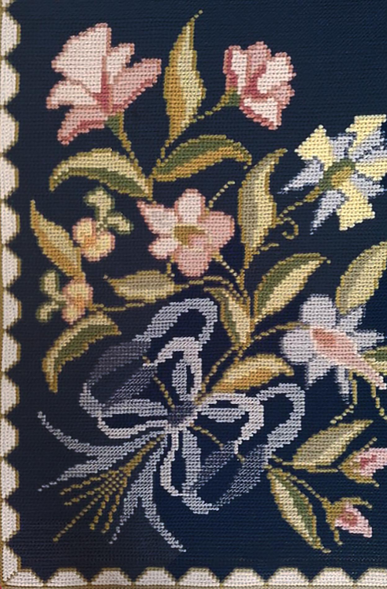 Floral European Portuguese Needlepoint Embroidered Arraiolos Rug in Blue & Cream In Good Condition In Coimbra, PT
