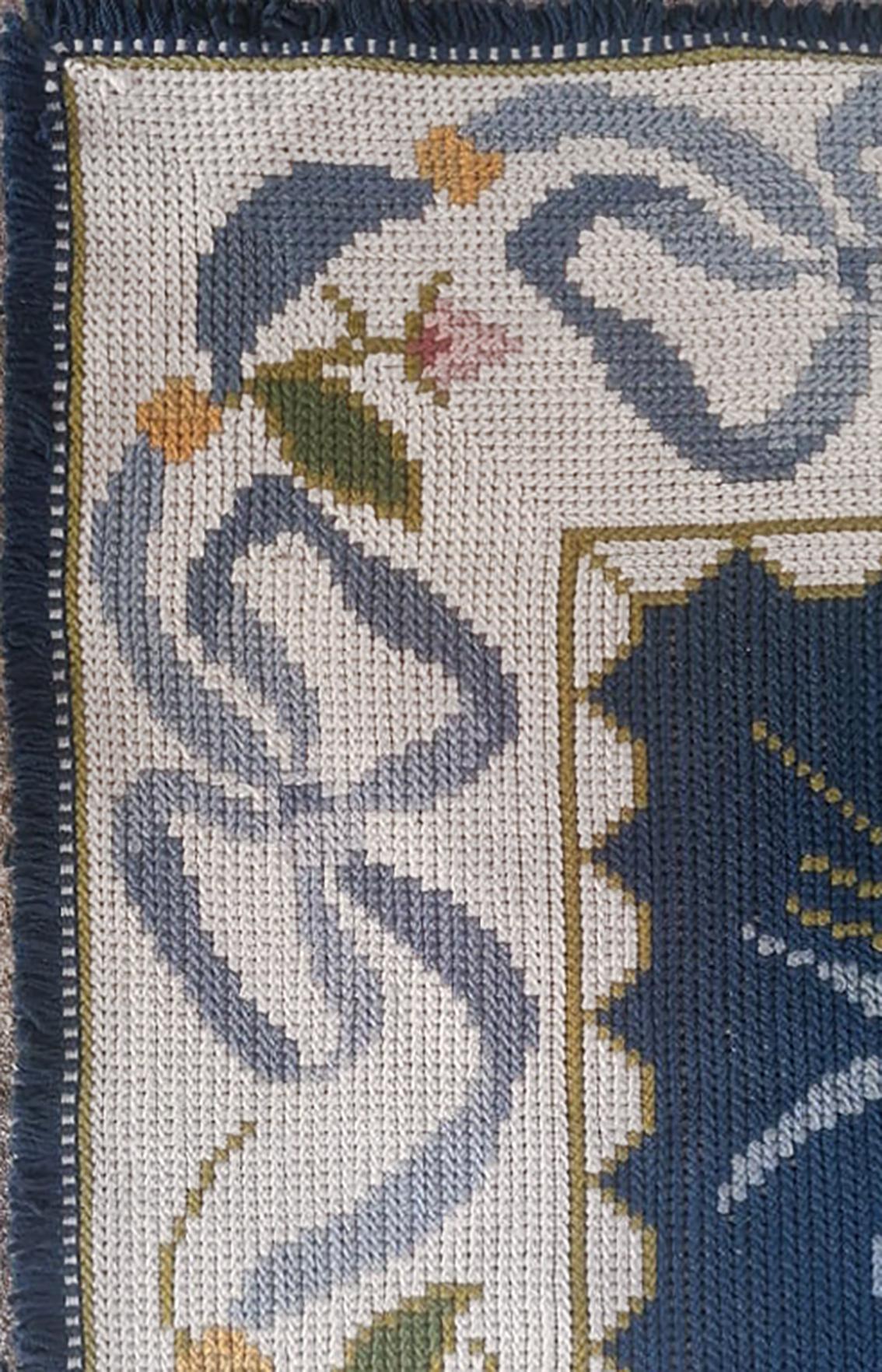 20th Century Floral European Portuguese Needlepoint Embroidered Arraiolos Rug in Blue & Cream