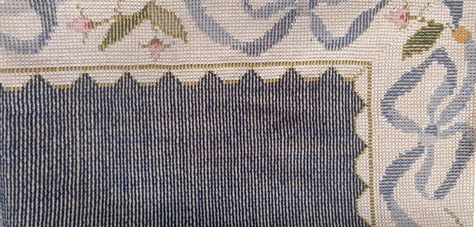 Tapestry Floral European Portuguese Needlepoint Embroidered Arraiolos Rug in Blue & Cream