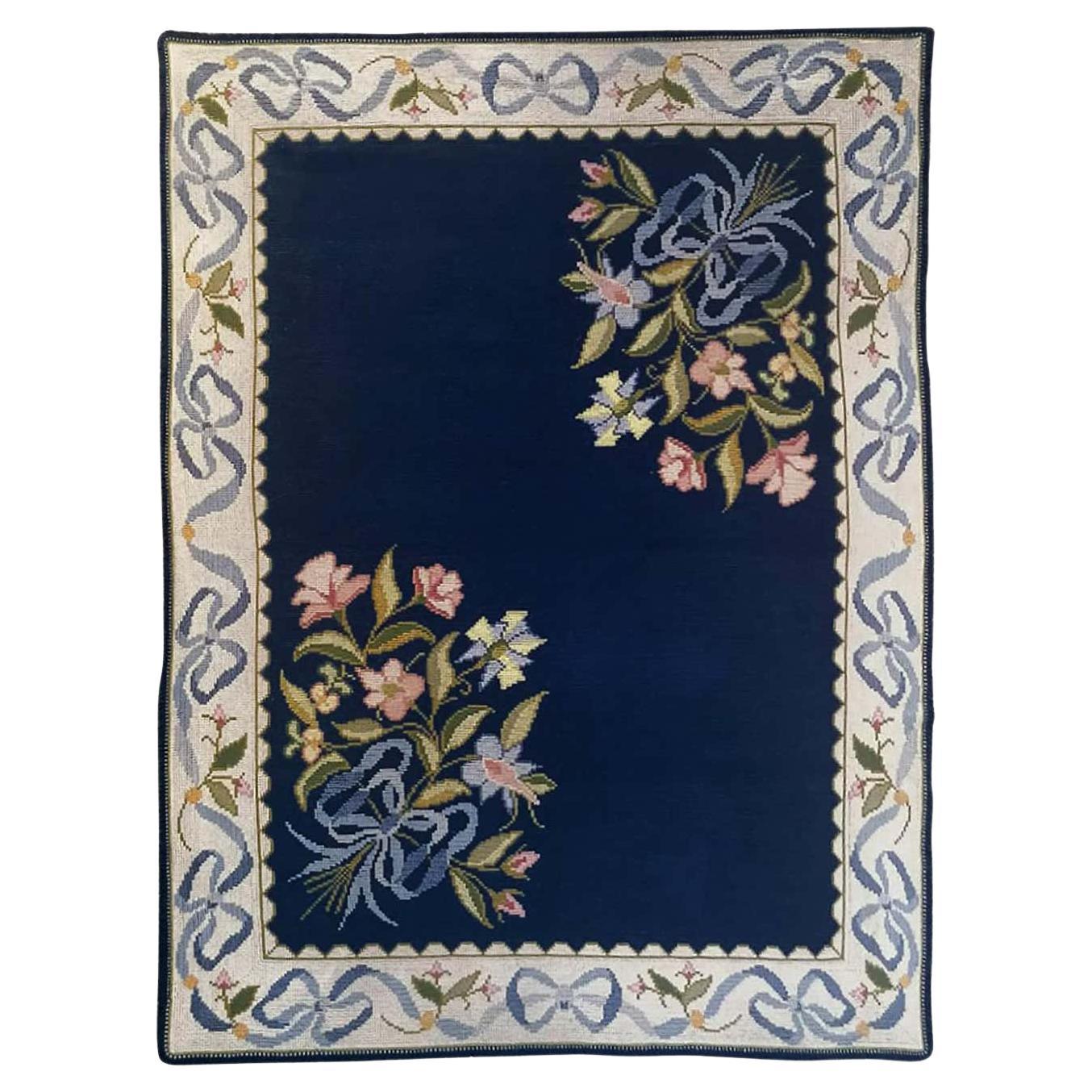 Floral European Portuguese Needlepoint Embroidered Arraiolos Rug in Blue & Cream For Sale