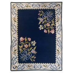 Vintage Floral European Portuguese Needlepoint Embroidered Arraiolos Rug in Blue & Cream