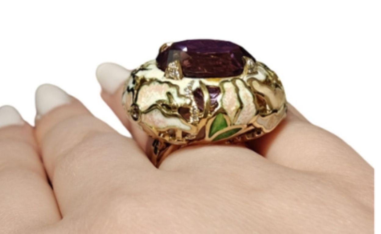 Mixed Cut 32ct. Ametrine Cocktail Ring 18K Yellow Gold Hot Enamel Sapphire & Diamonds For Sale