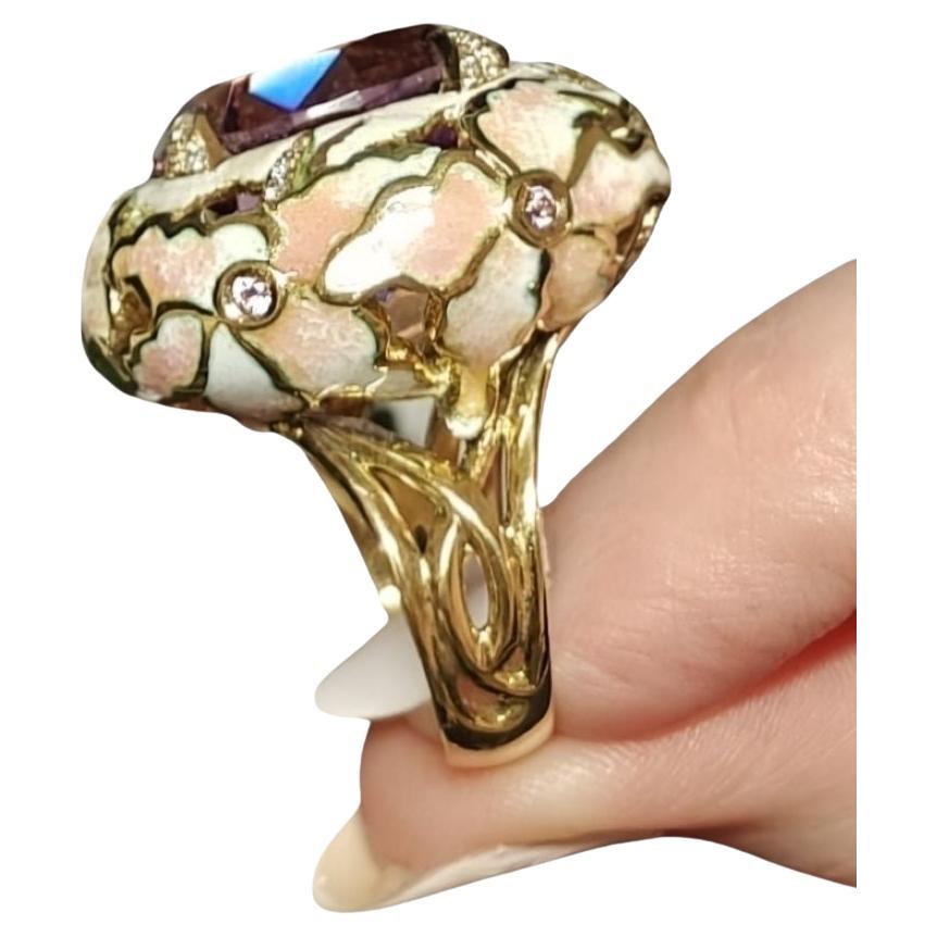 Cocktail Ring 18K Yellow Gold 32ct Ametrine Gemstone Enamel Sapphire & Diamonds