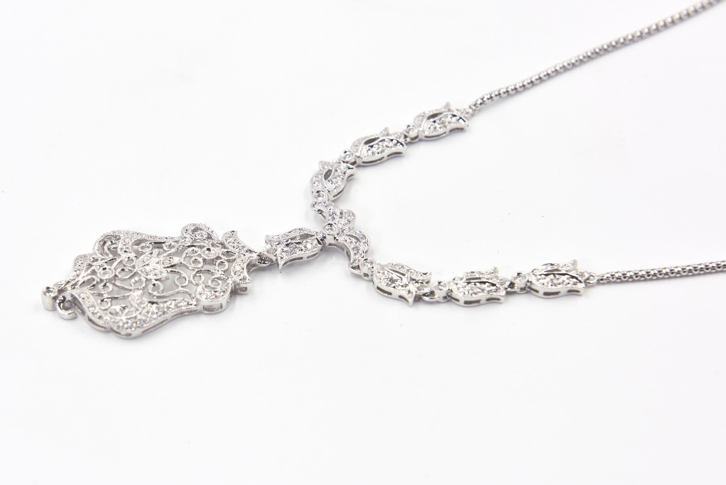 Round Cut Floral Filagree Diamond White Gold Drop Pendant Necklace For Sale