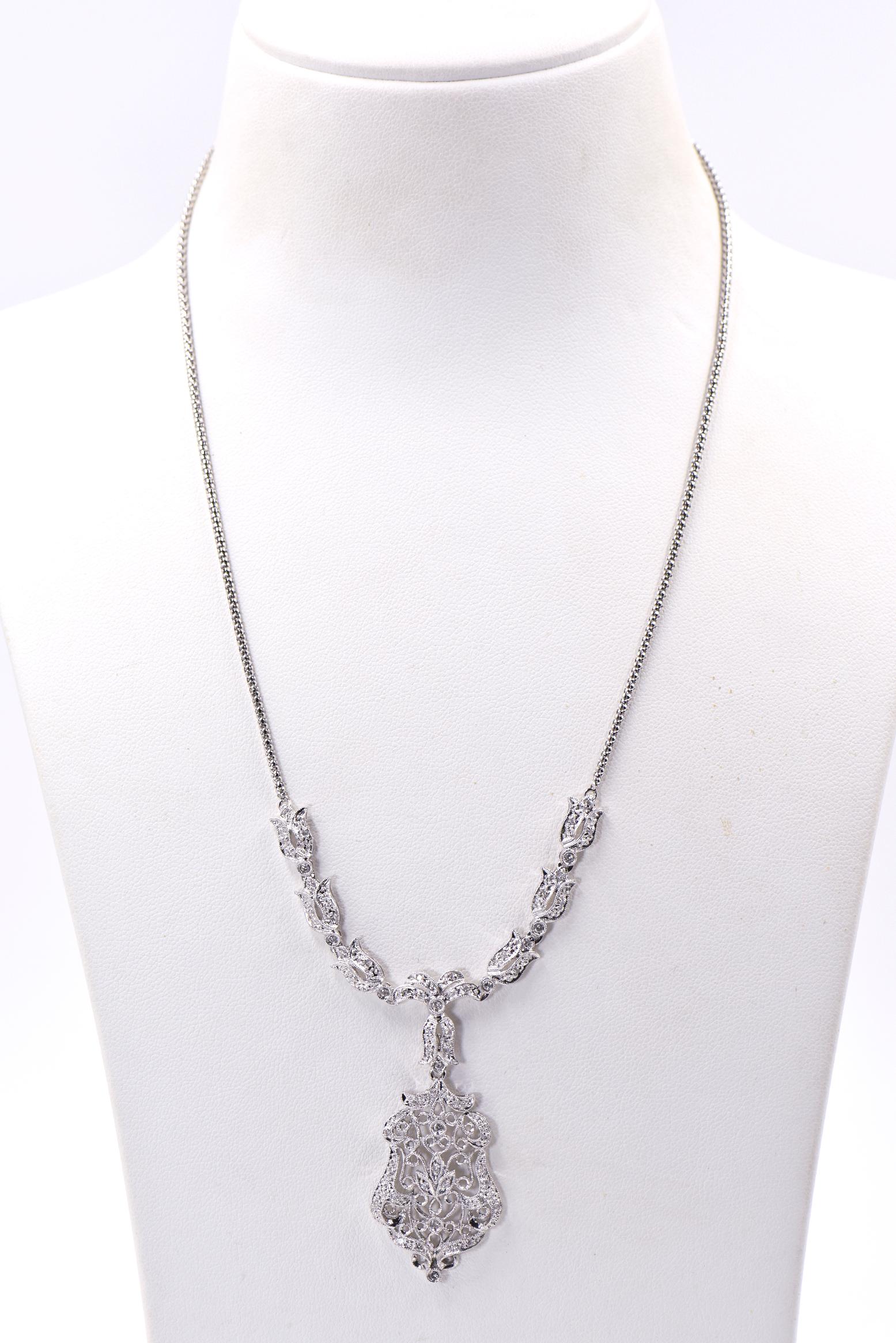 Women's or Men's Floral Filagree Diamond White Gold Drop Pendant Necklace For Sale
