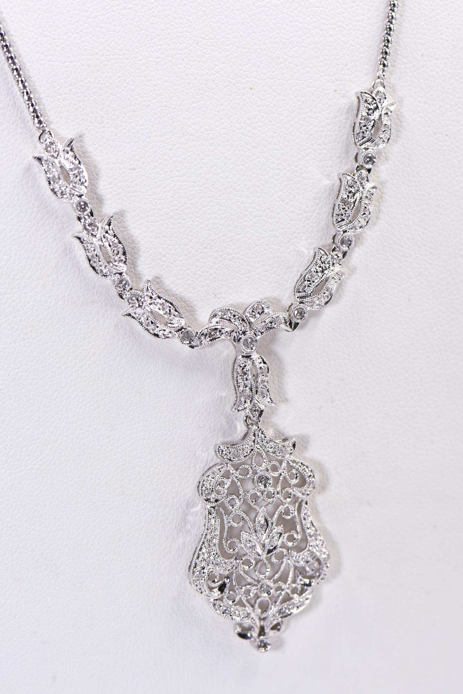 Floral Filagree Diamond White Gold Drop Pendant Necklace For Sale 1