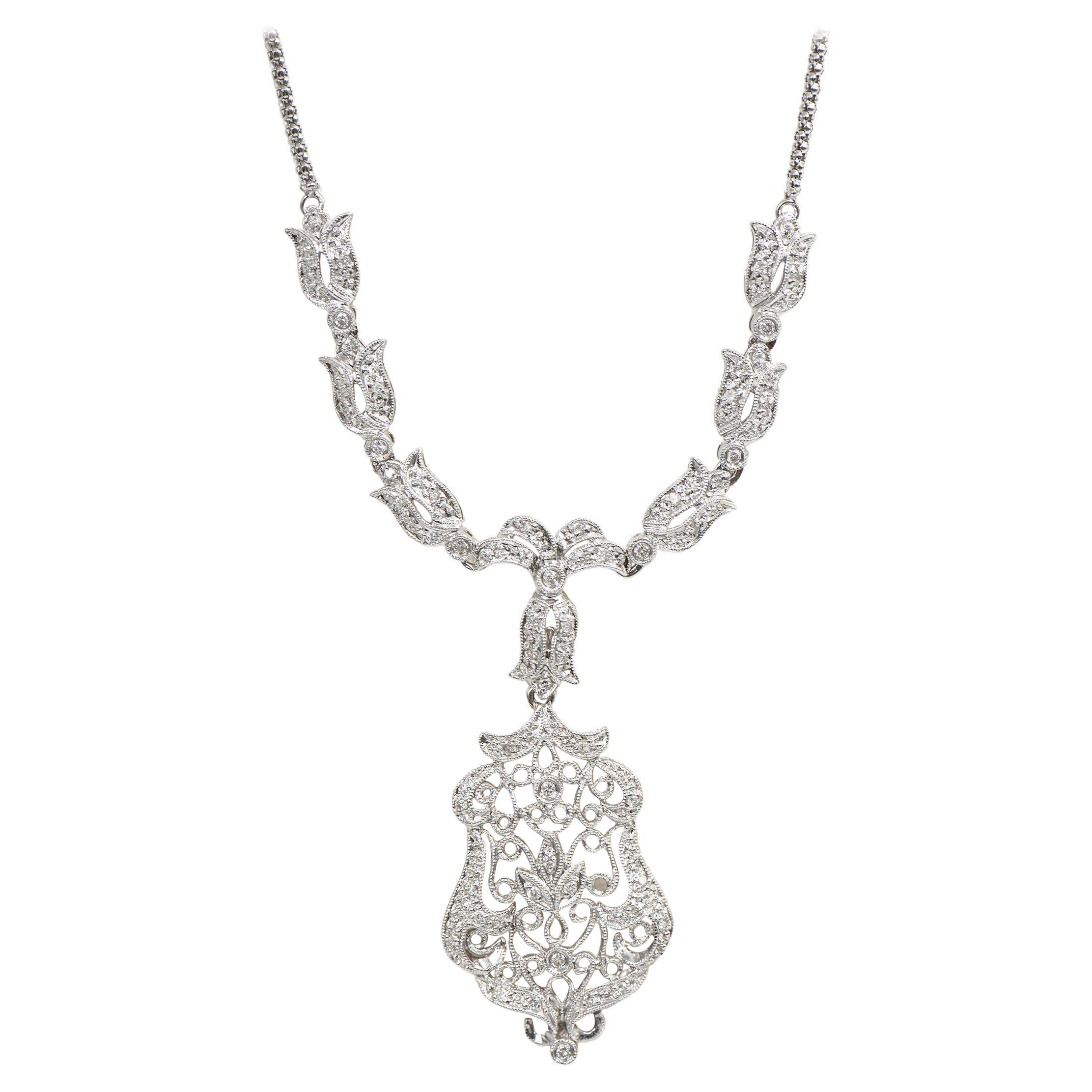 Collar Colgante Gota Floral Filagrana Diamante Oro Blanco