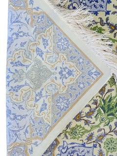 Floral Fine Silk Qom (Ghom) Persian Rug, Blue, Green, and Ivory Silk, 3x5