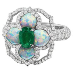 Nigaam Floral Five-Stone Ring with Emerald, Opal and Diamond in 18k White Gold