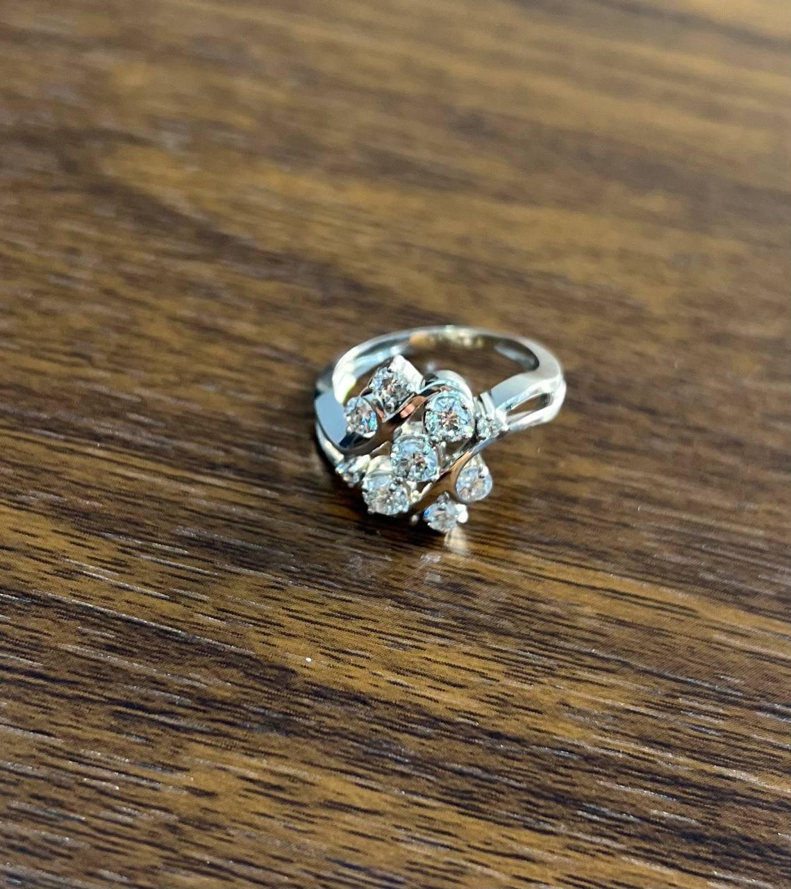 Brilliant Cut Floral Flower Bouquet White Diamonds 14K White Gold Statement Cocktail Ring For Sale