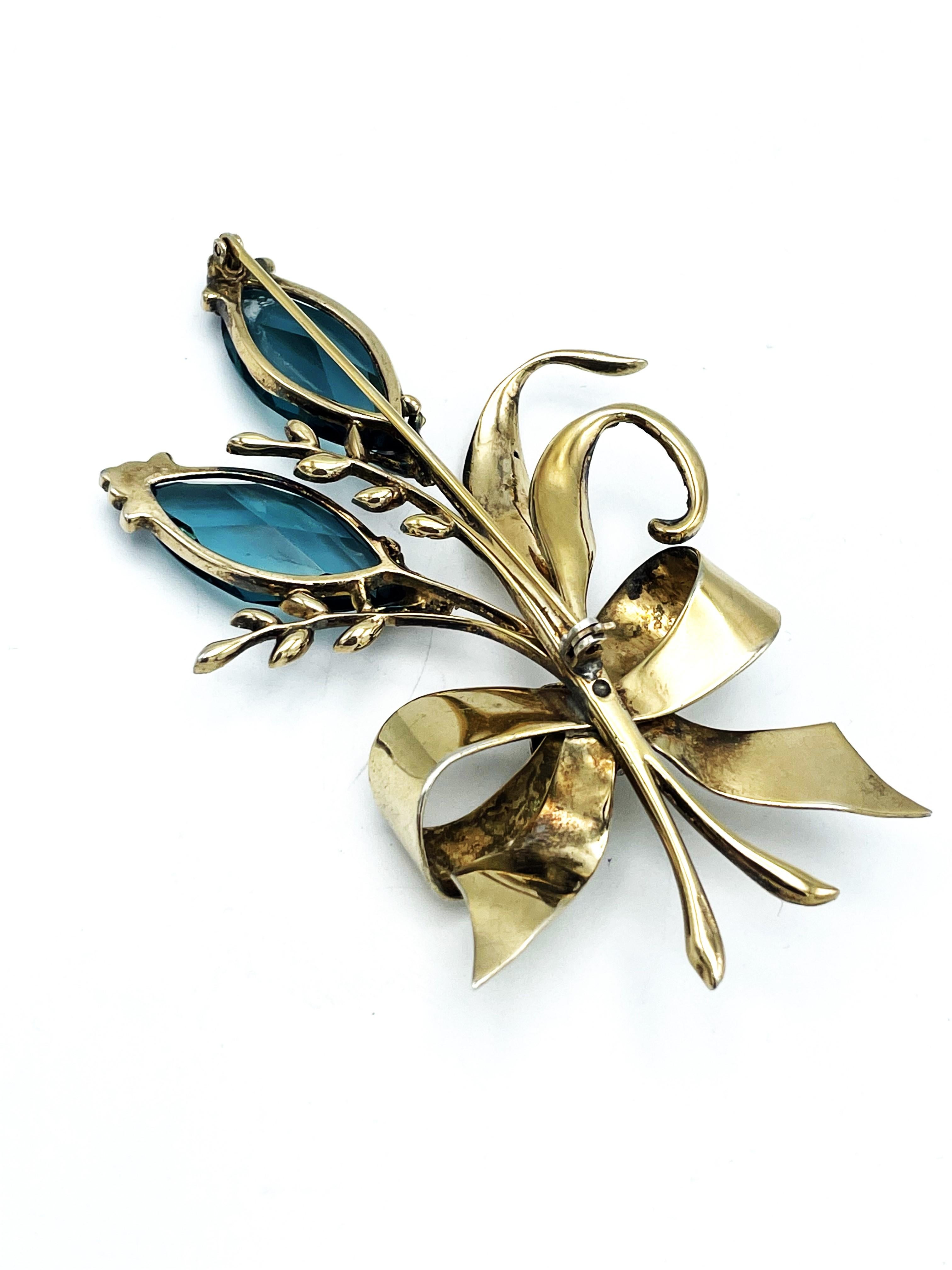 Art Deco Flower Brooch by Kreisler NY, emerald crystal, Sterling Silver gold plated 1940  For Sale