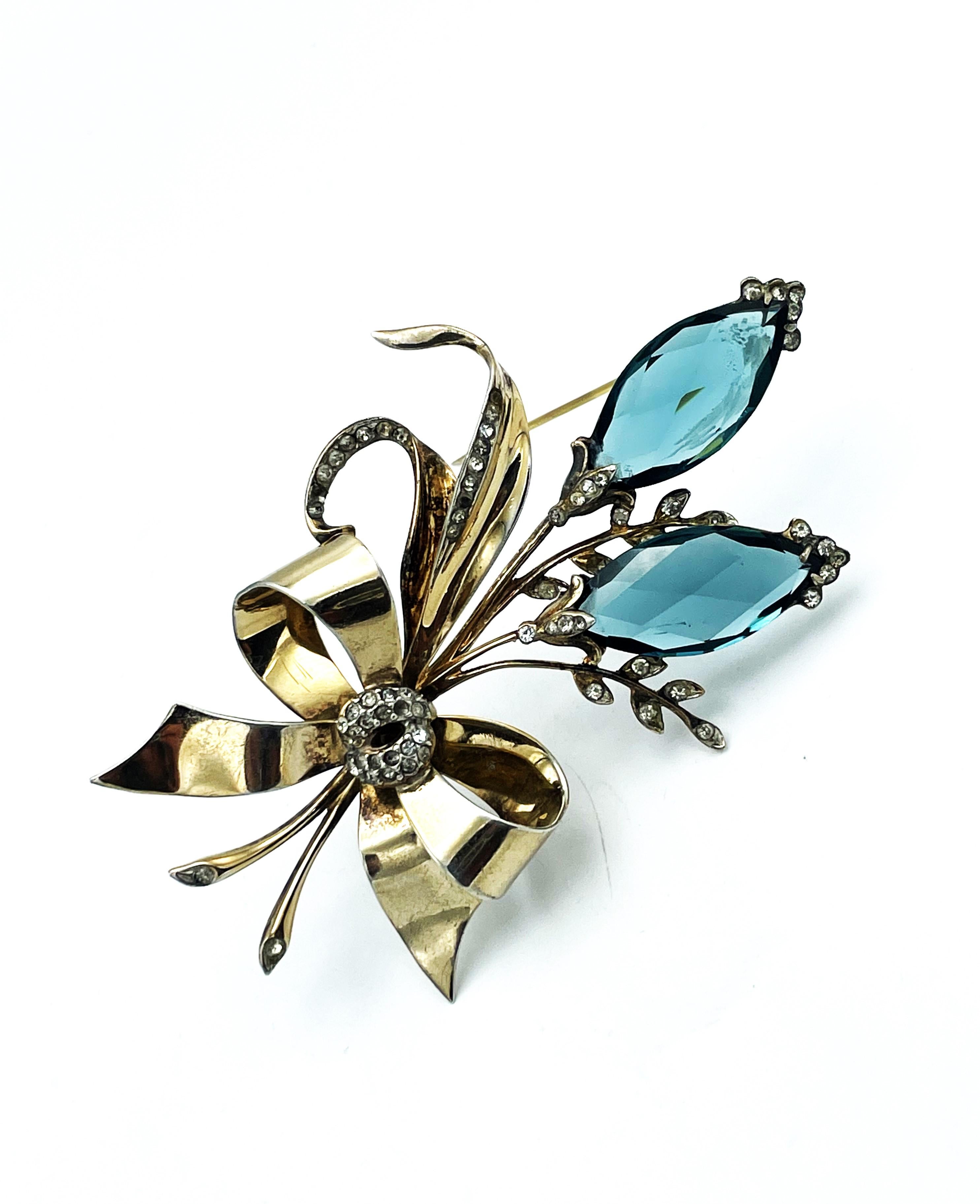 Emerald Cut Flower Brooch by Kreisler NY, emerald crystal, Sterling Silver gold plated 1940 For Sale