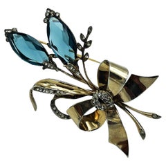 Flower Brooch by Kreisler NY, emerald crystal, Sterling Silver gold plated 1940
