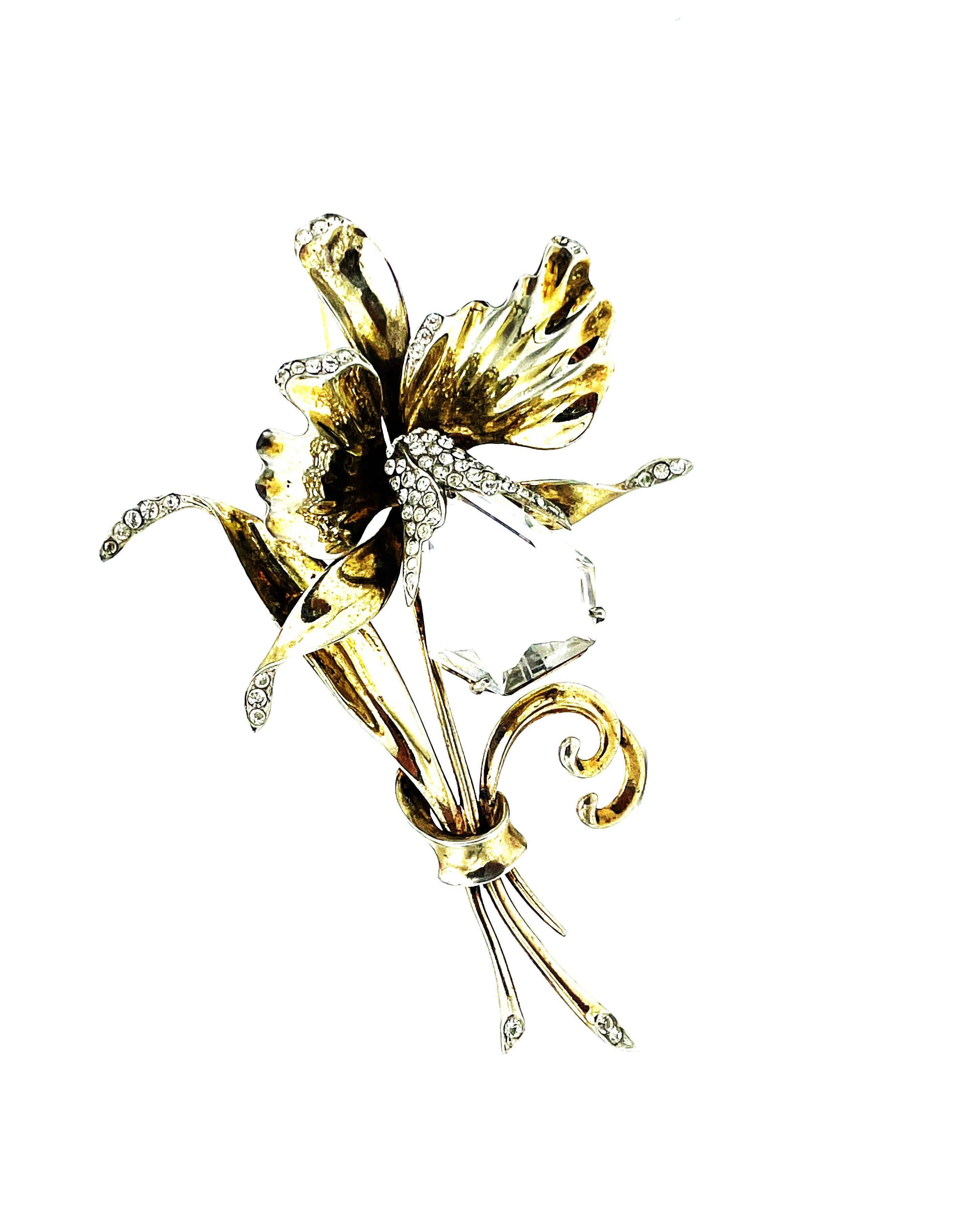  Flower Brooch by Kreisler NY, kite shaped orchid, Sterling Silver gold plated  For Sale 1