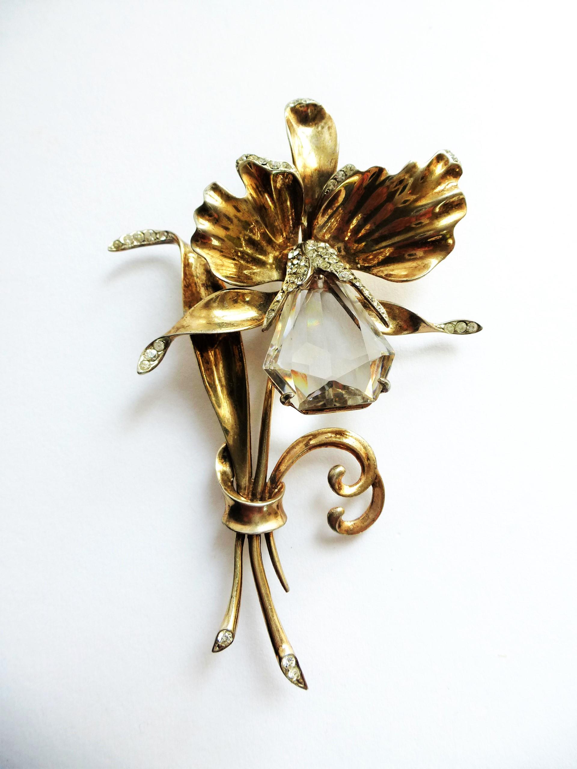  Flower Brooch by Kreisler NY, kite shaped orchid, Sterling Silver gold plated  For Sale 2