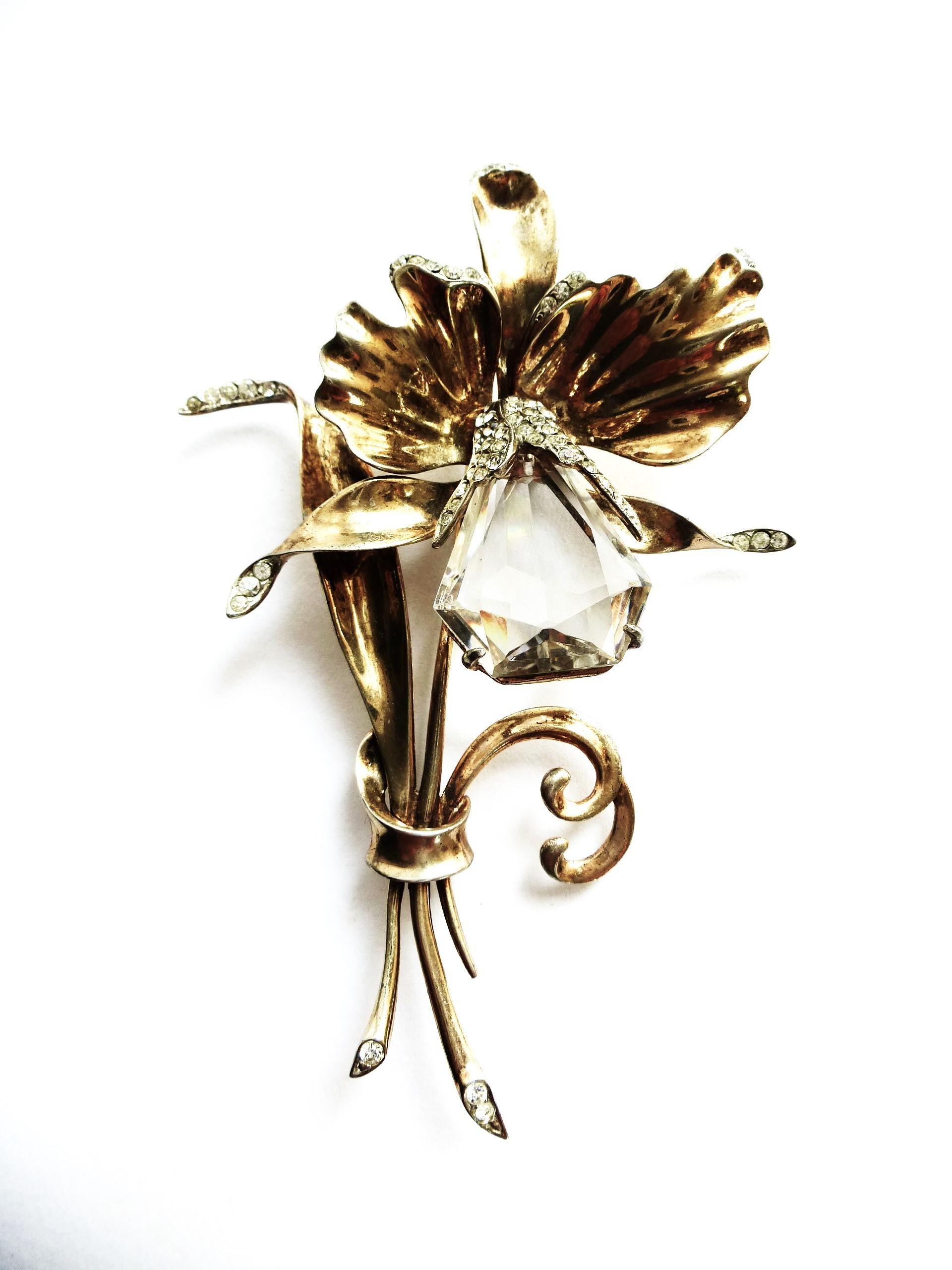  Flower Brooch by Kreisler NY, kite shaped orchid, Sterling Silver gold plated  For Sale 3