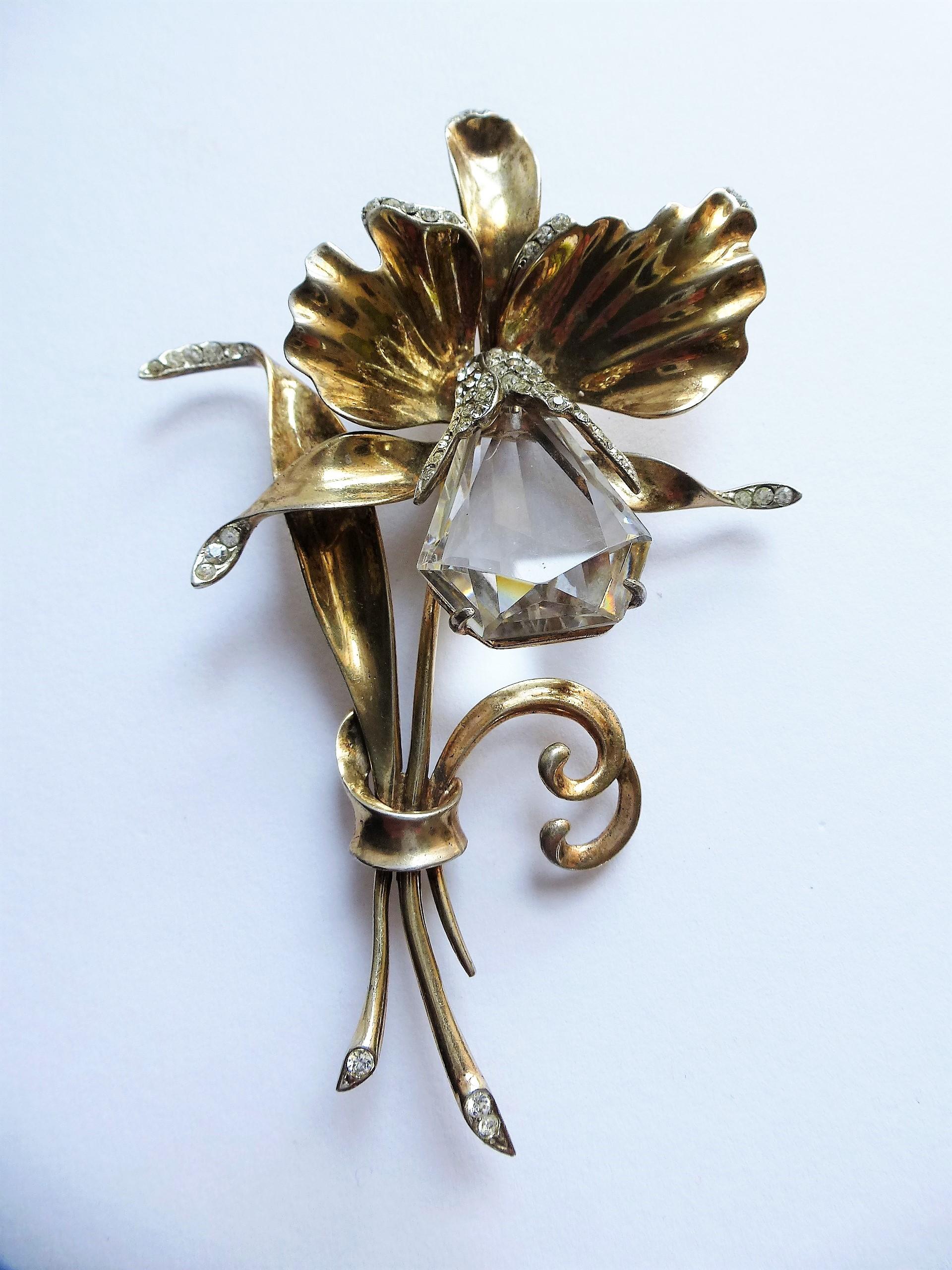  Flower Brooch by Kreisler NY, kite shaped orchid, Sterling Silver gold plated  For Sale 4