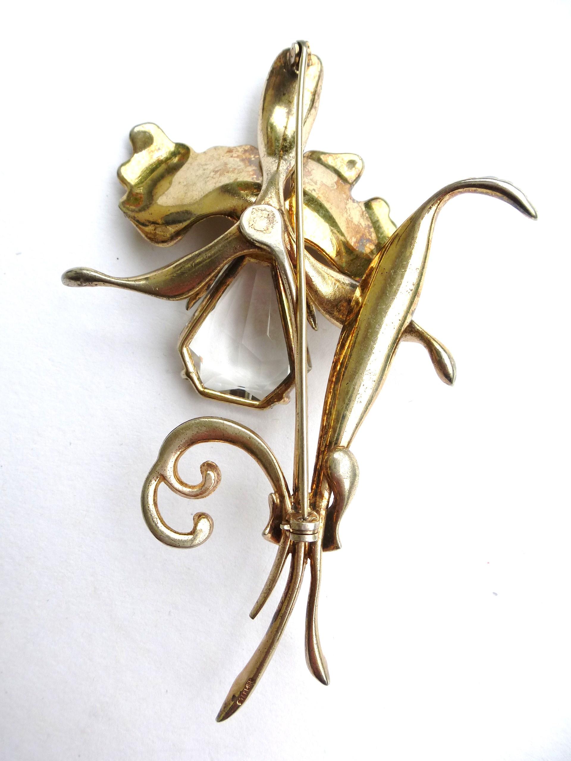 Flower Brooch by Kreisler NY, kite shaped orchid, Sterling Silver gold plated For Sale 5