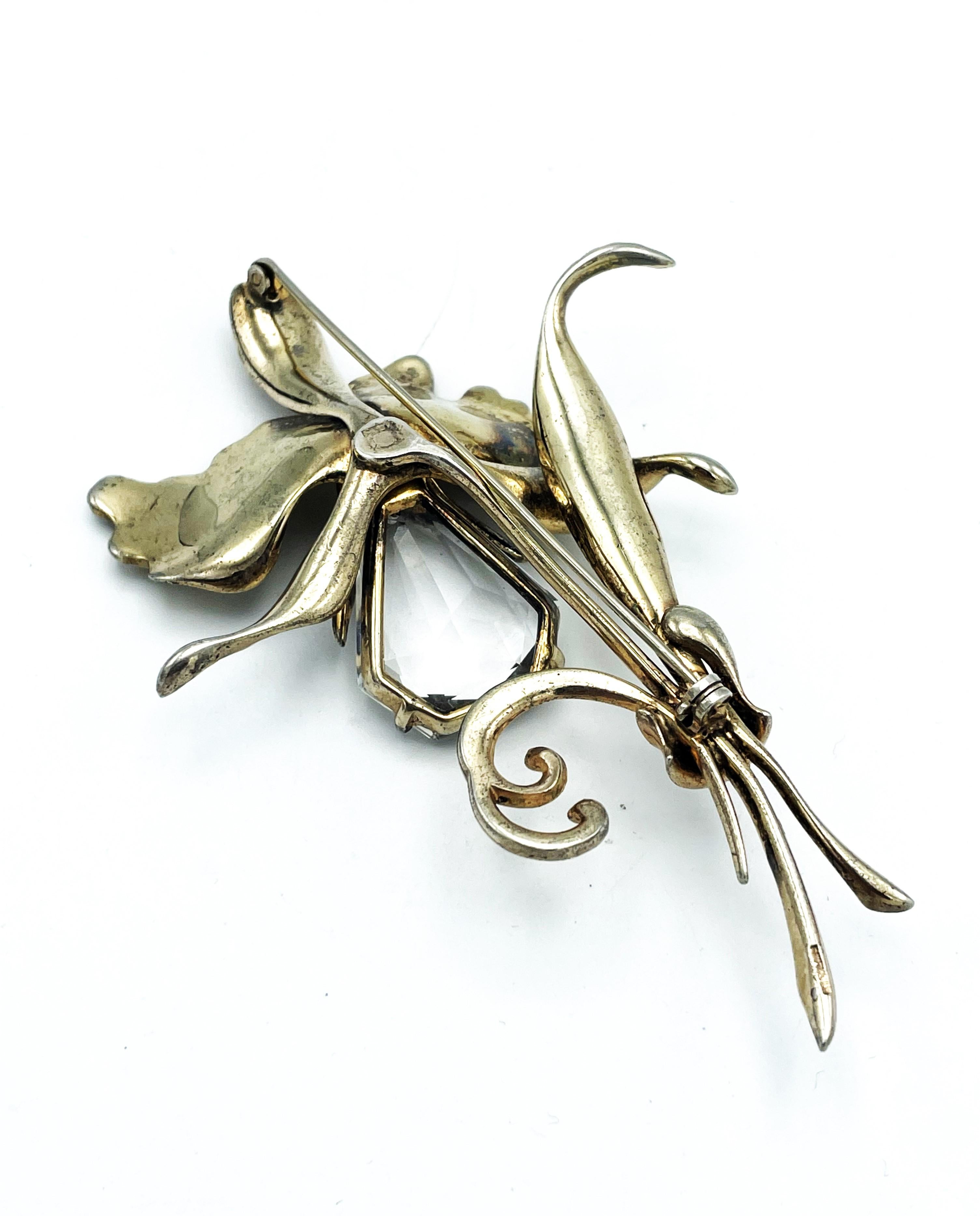 Art Deco Flower Brooch by Kreisler NY, kite shaped orchid, Sterling Silver gold plated For Sale