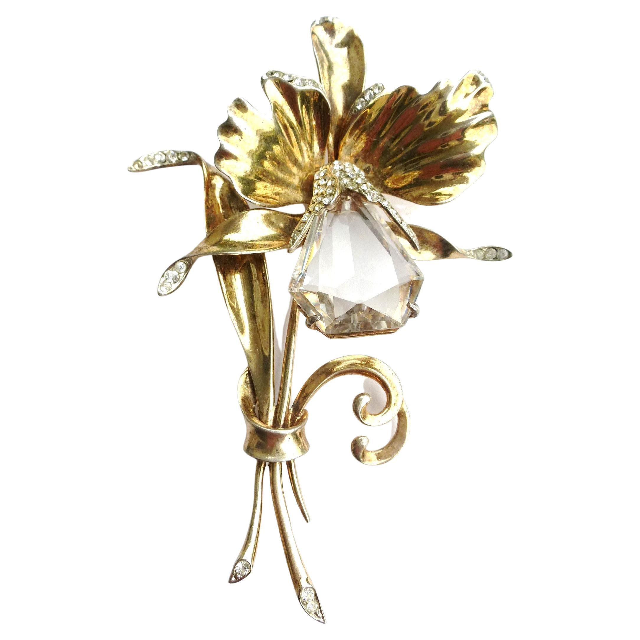  Flower Brooch by Kreisler NY, kite shaped orchid, Sterling Silver gold plated  For Sale