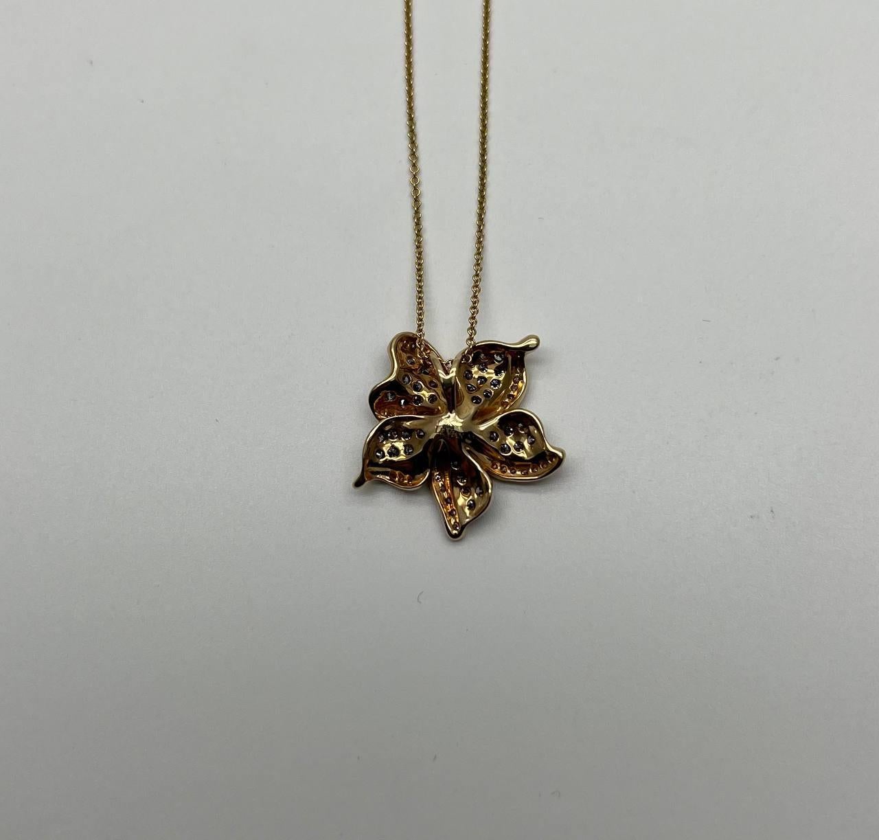 Floral Flower Lilly Champagne Cognac Diamond Pave Set 14K Gold Pendant Necklace In New Condition For Sale In Oakton, VA