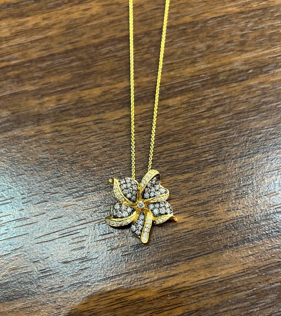Floral Flower Lilly Champagne Cognac Diamond Pave Set 14K Gold Pendant Necklace For Sale 1