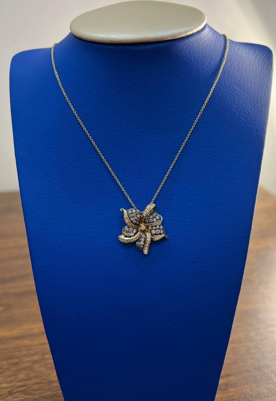 Floral Flower Lilly Champagne Cognac Diamond Pave Set 14K Gold Pendant Necklace For Sale 3