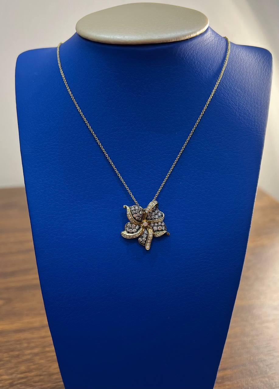 Floral Flower Lilly Champagne Cognac Diamond Pave Set 14K Gold Pendant Necklace For Sale 4