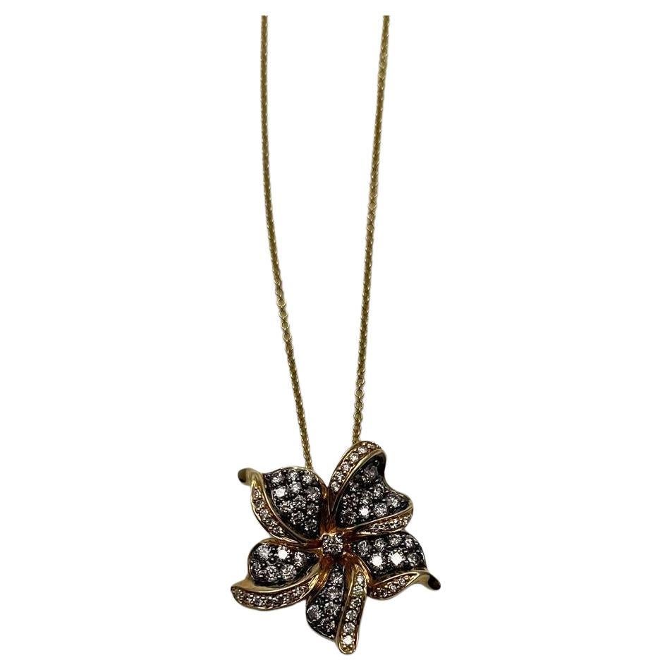 Floral Flower Lilly Champagne Cognac Diamond Pave Set 14K Gold Pendant Necklace