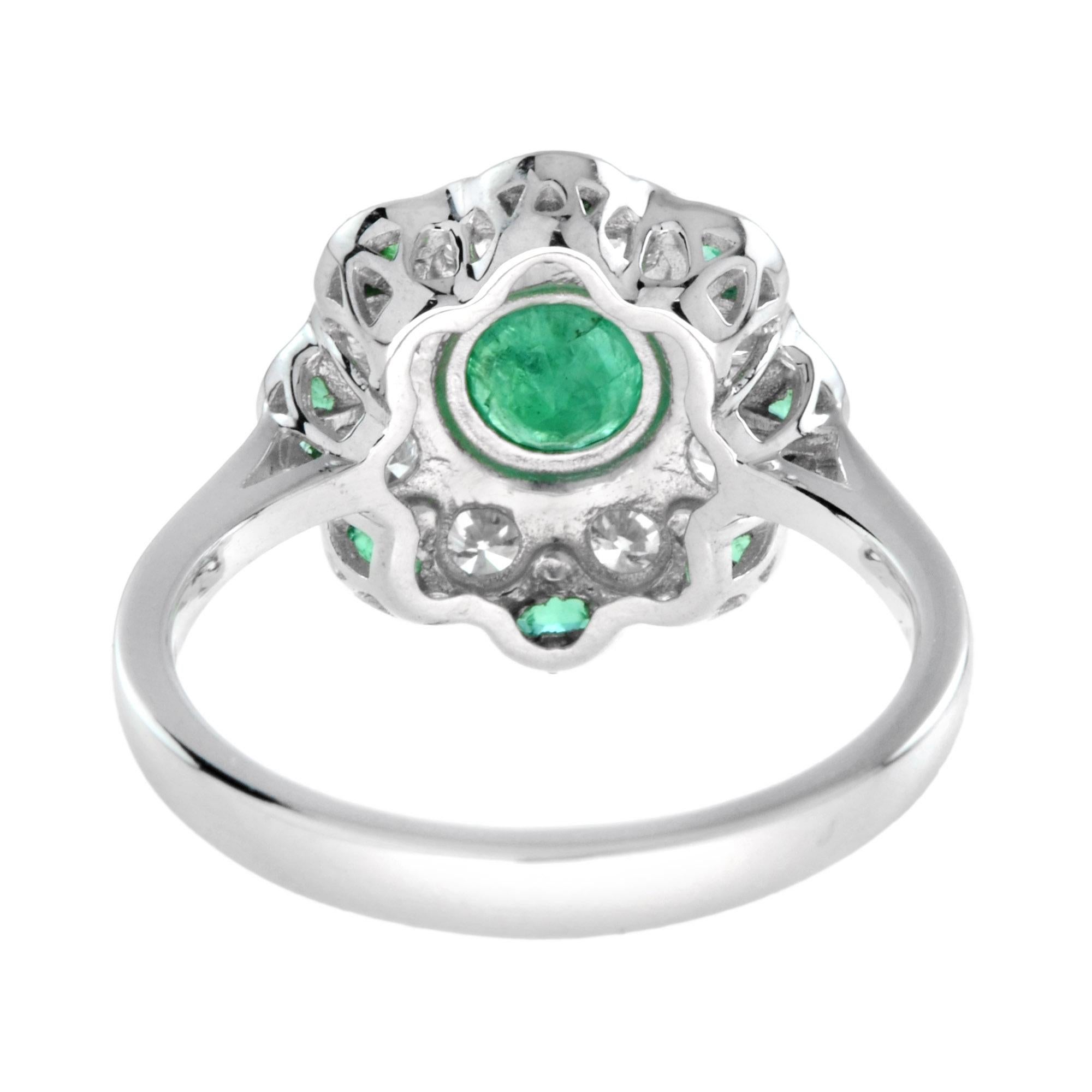 Floral Flower Petals Green Emerald & Diamond Art Deco Style 14K White Gold Ring (Art déco) im Angebot