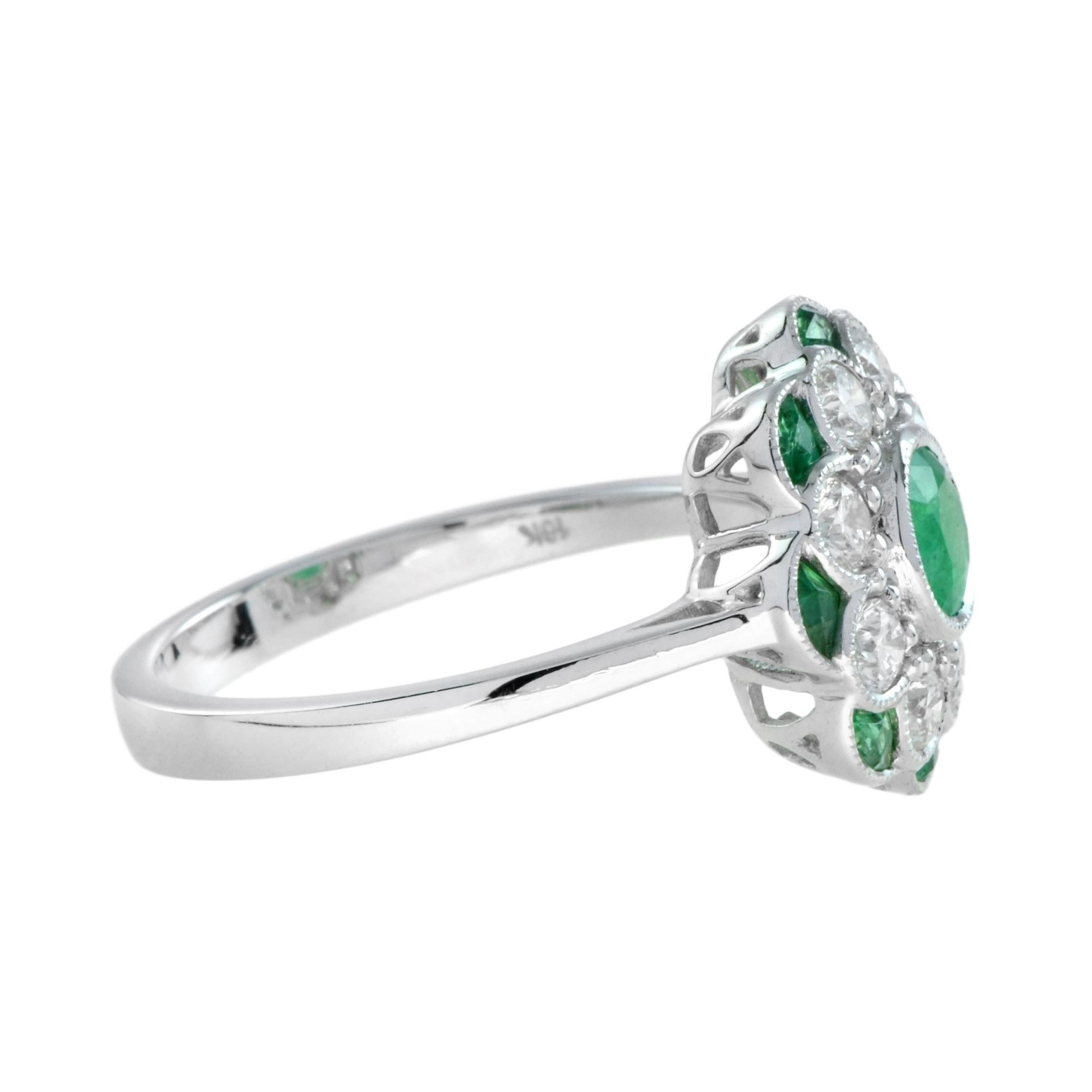 Floral Flower Petals Green Emerald & Diamond Art Deco Style 14K White Gold Ring (Rundschliff) im Angebot